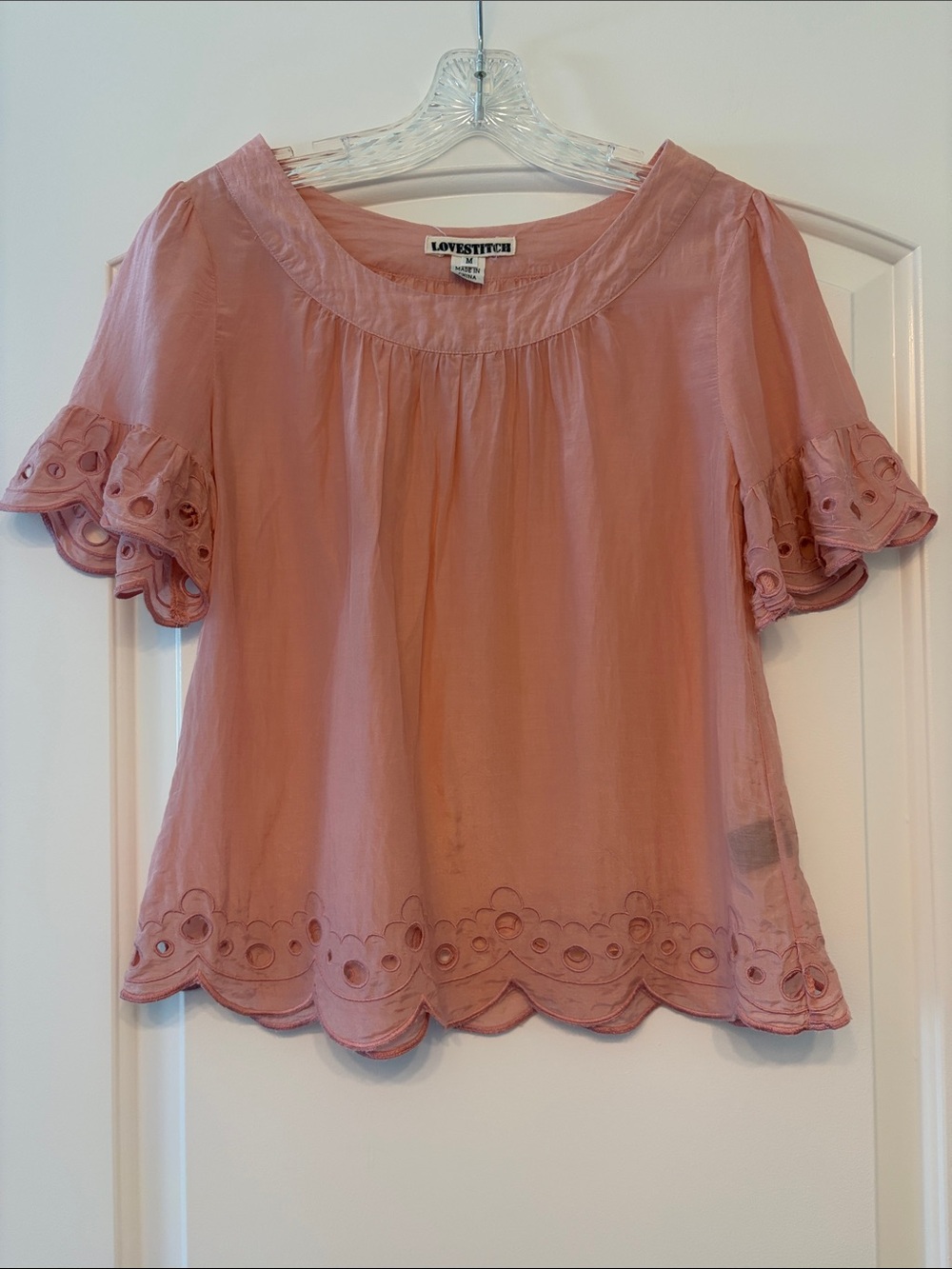 lovestitch Rose-Pink Eyelet‎ Scallop-Sleeve lightweight Blouse, M